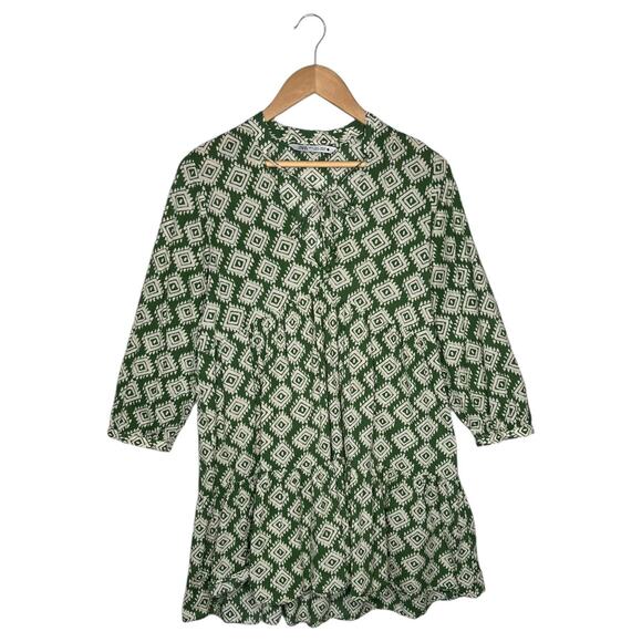 Zara Dress Womens M Mini Cadie Geometric Print Boho Tiered Pleated Tie Green - Picture 1 of 13